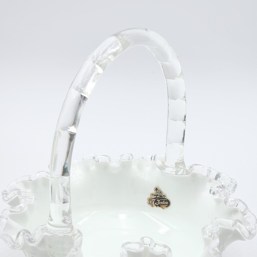 Fenton Spanish Lace White Milk Glass Silver Crest Basket Clear Rim Vintage - Picture 5 of 13